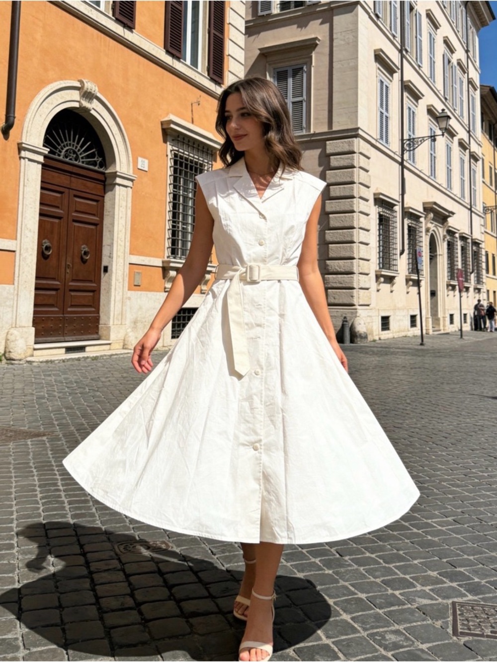 BCBG Paris White Button-Front Midi Dress with Belt